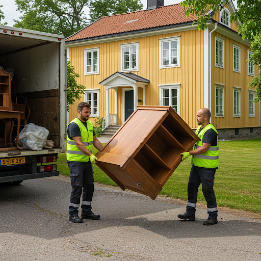 Två skräphämtare som lastar en bil